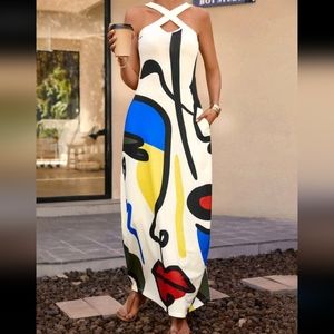 Abstract Pop Art Crisscross Front Dress Maxi Pocket Dress